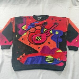 Roberta Freymann 100% Wool Knit Sweater Womens Small Musical 3D Colorful Quirky